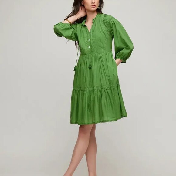 NWT KAREN KANE Mango Tango Lace Trim Tiered Green Dress Size Large (NEW $138) - Picture 2 of 12